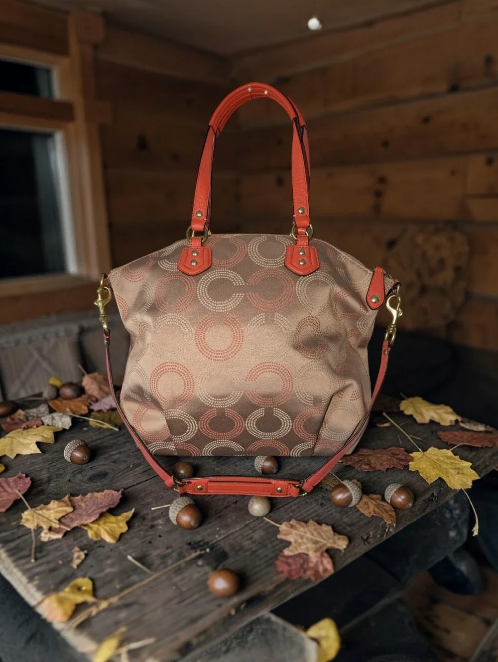 Coach Ashley Dotted Op Art Beige & Coral Satchel Detachable Shoulder Strap